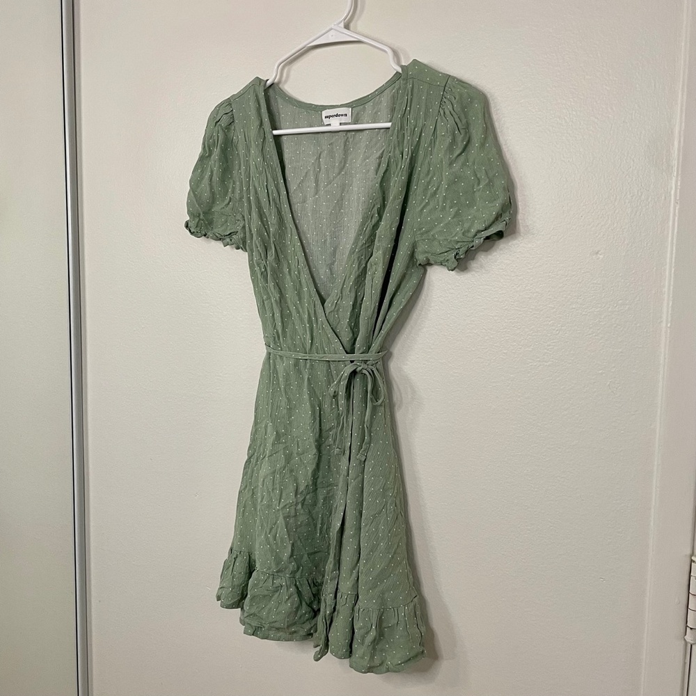 Revolve Mini Wrap Dress in Sage Polka Dot - Picture 5 of 15